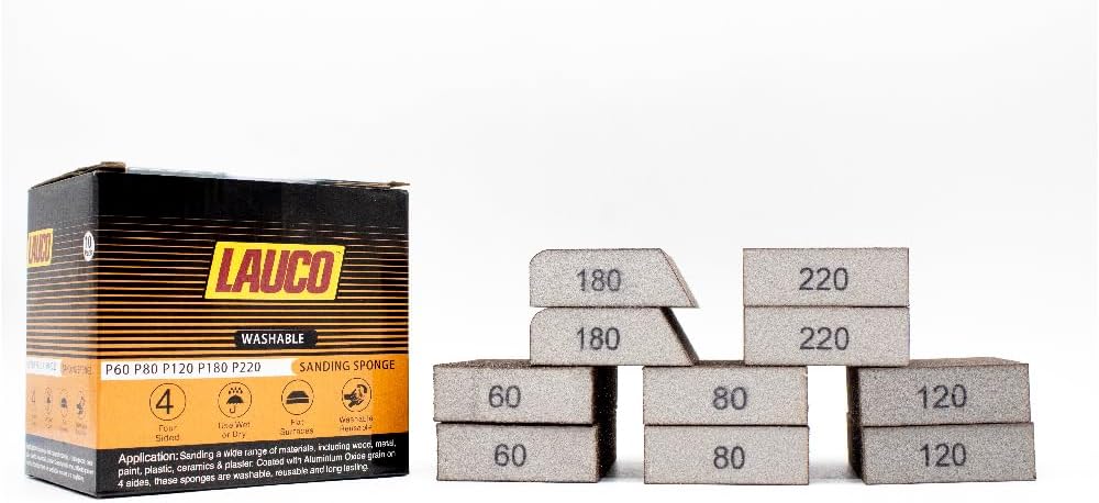 Lauco SS57026 Washable Sanding Sponge (Each), a versatile multi-grit abrasive solution designed for sanding wood, metal, paint, plastic, ceramics, and plaster, ensuring consistent abrasion and superior durability.