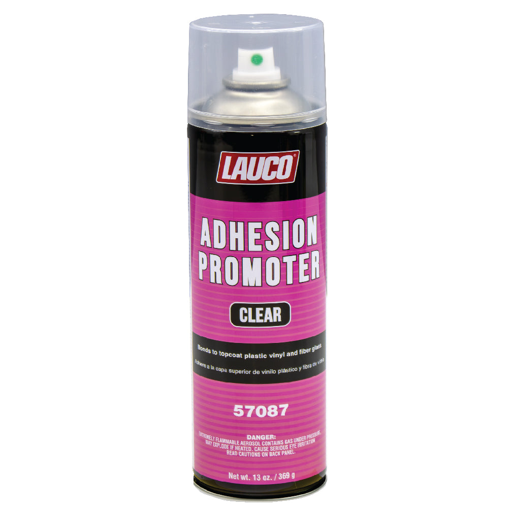 13 oz aerosol can of Lauco Adhesion Promoter Clear with black and pink label, designed to improve paint adhesion on plastic, vinyl, and fiberglass surfaces