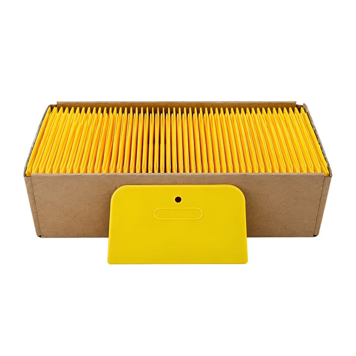 Ye/ow plastic spreader – flexible applicator for body fi/er and glazing in vehicle repair.