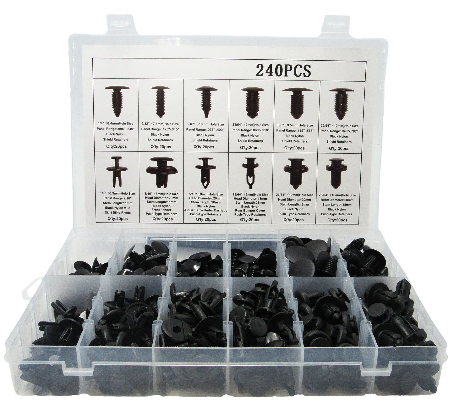 Box set of 240 assorted automotive moulding clips and fasteners in labeled compartments for car trim and panel repair