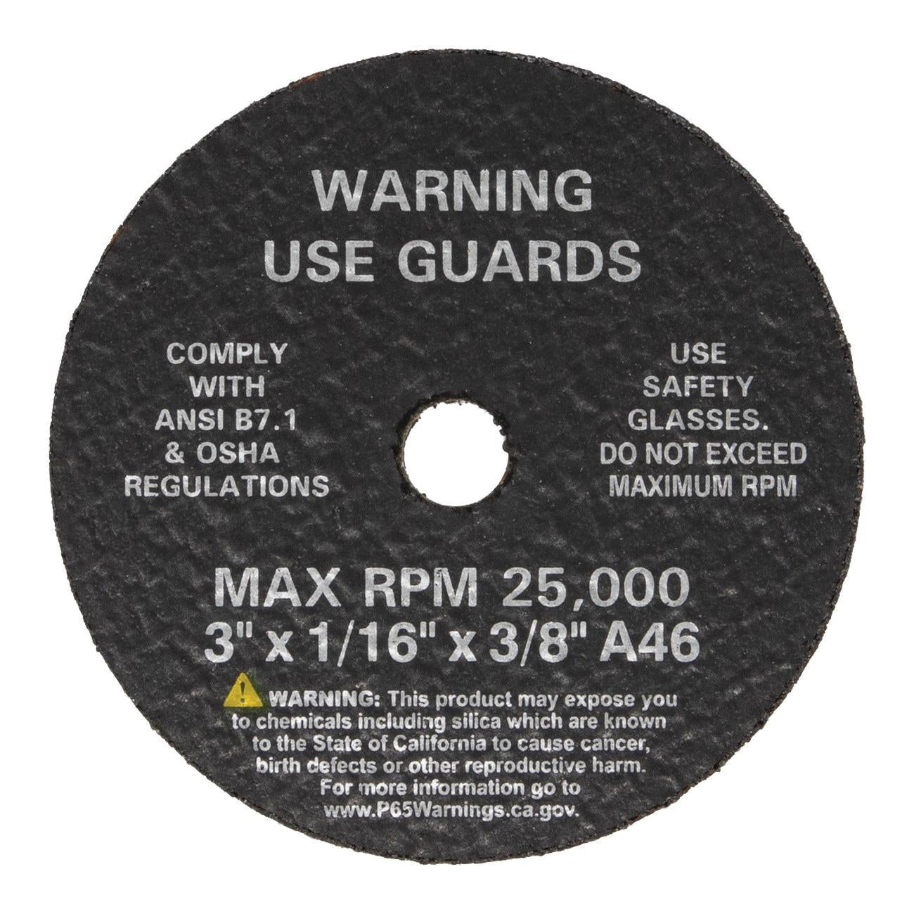 AES 3805 cut off wheel 3 inch x 1ll16 inch x 3ll8 inch black disc with safety warning and ANSI compliance