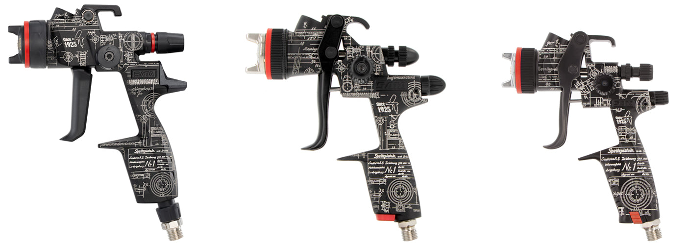 SATA 100 Years Special Edition 3-Spray Gun Case with Jet X, minijet 4400 B, Jet 100 B, and collector accessories.