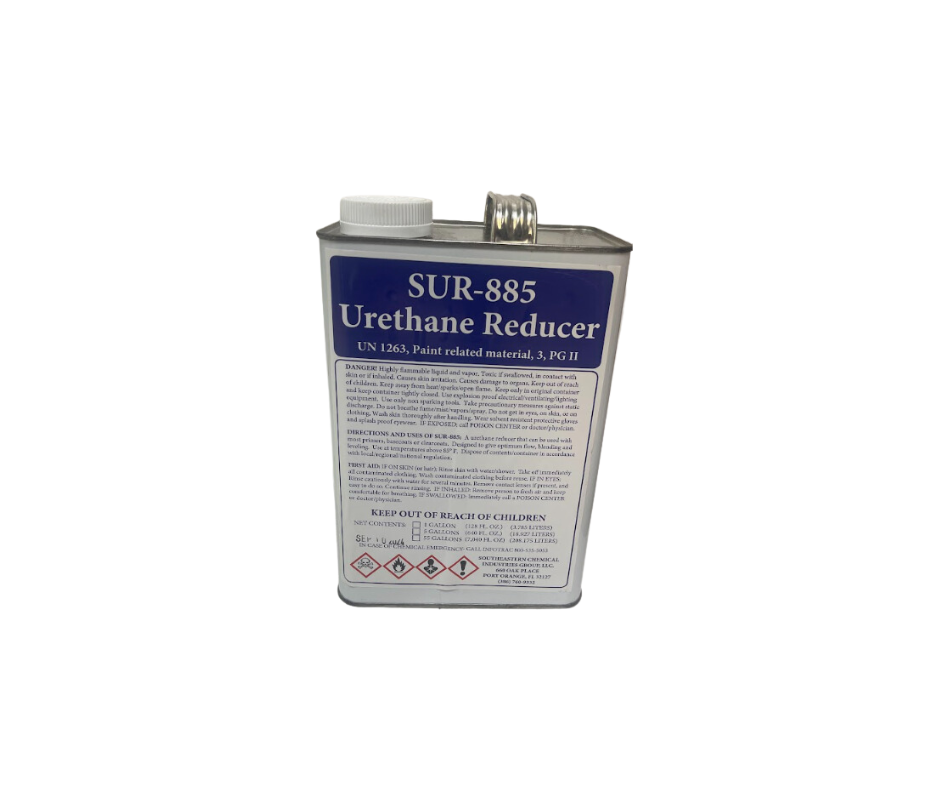 SUR-885 Medium Urethane Reducer (1-Gallon Container), a premium-quality paint thinner designed to enhance the flow and leveling of urethane-based coatings, ensuring smooth application and superior finish.