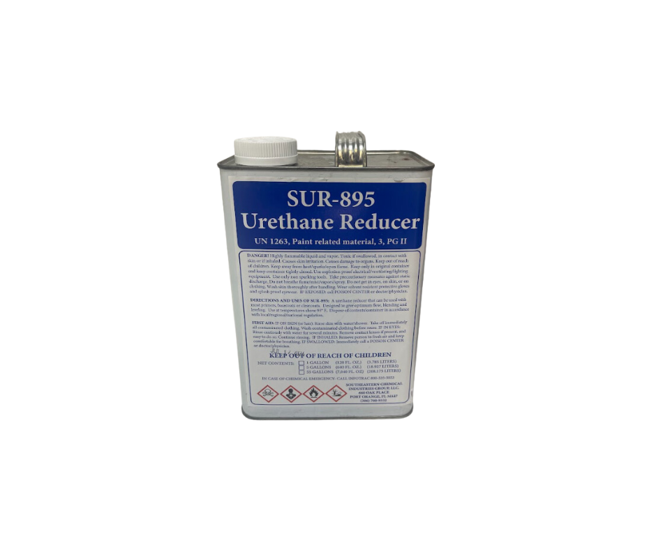 SUR-895 Slow Urethane Reducer (1-Gallon Container), a premium-quality paint thinner designed to enhance the flow and leveling of urethane-based coatings, ensuring smooth application and superior finish.