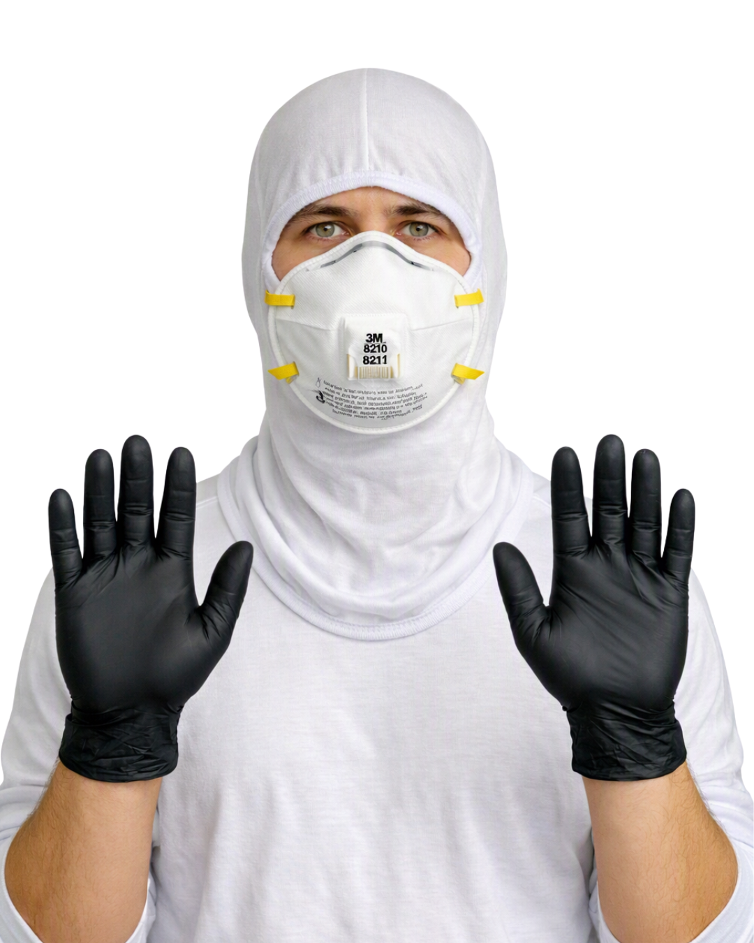 Person wearing N95 respirator, white spray sock, and black nitrile gloves facing forward on a white background.