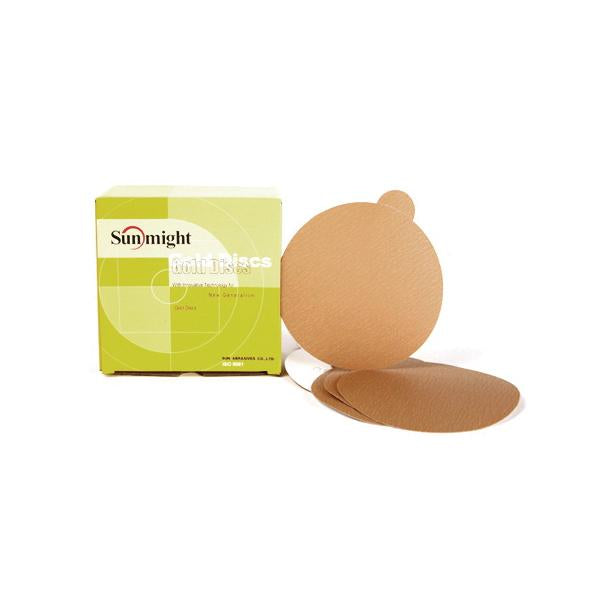 Sunmight 02314 6" 320G Gold PSA Discs, a premium sanding disc designed for efficient material removal and smooth surface finishing, ensuring consistent cutting power and durability.