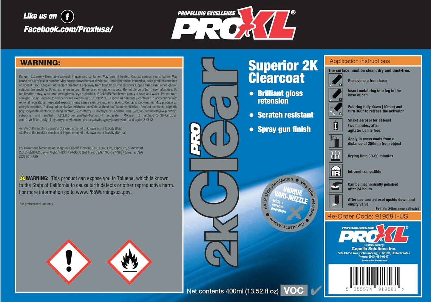 CAP.919581 Pro2KClear Lacquer – 400 ml aerosol 2K clearcoat for automotive refinishing.