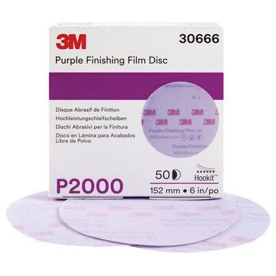 3M 30666 Purple Finishing Film Abrasive Disc – Box of 50 6" Hookit discs with P2000 grit for automotive dry sanding and defect removal.