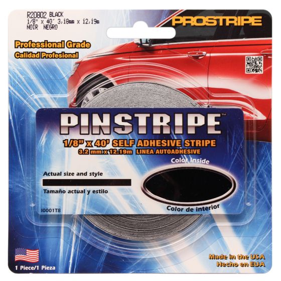 PRS-R20802 Prostripe Series Single Color Solid Striping Tape (40 ft x 1/8 inches, Black), designed for automotive refinishing applications, ensuring long-lasting adhesion, flexibility, and sharp striping for professional-grade results.