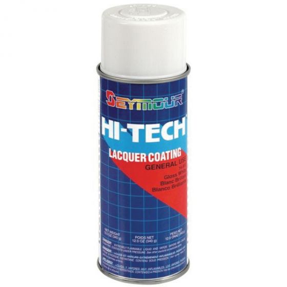 Seymour 16-813 Hi-Tech Gloss White Lacquer (16 oz Aerosol), a fast-drying, high-gloss spray paint designed for smooth, even coverage with minimal drips, ensuring long-lasting color, excellent adhesion, and resistance to weather and chemicals.