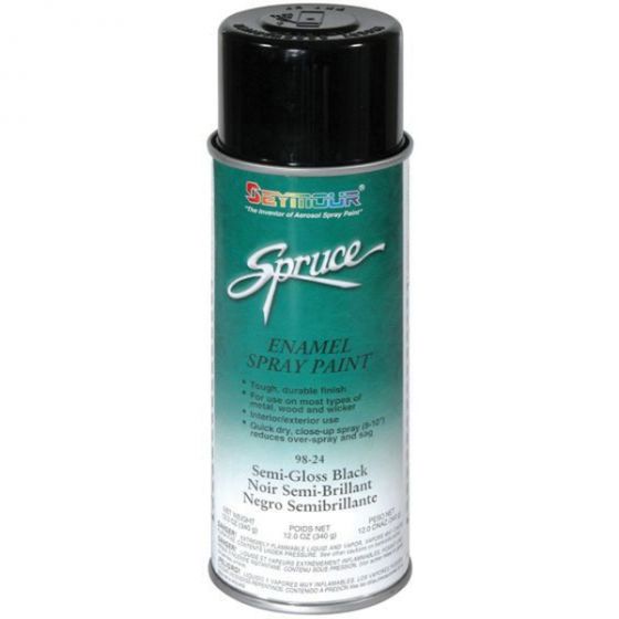 SEY-98-24 Spruce Semi-Gloss Black Enamel (16 OZ), a fast-drying, high-adhesion spray paint providing durable indoor and outdoor protection with resistance to chipping, peeling, and rust.