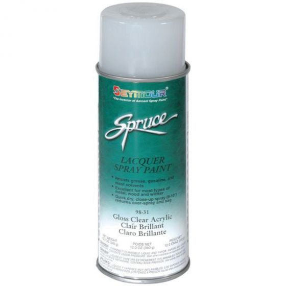 SEY-98-31 Spruce Gloss Clear Acrylic Lacquer (16 OZ), a fast-drying, high-gloss protective coating providing durable indoor and outdoor protection with resistance to grease, gasoline, and most solvents.