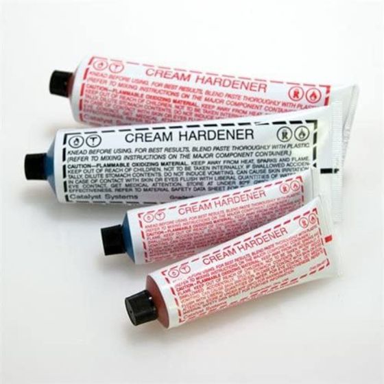 USC 27112 Cream Hardener (4 oz), a non-separating benzoyl peroxide paste designed to activate and cure polyester-based body fillers, putties, and fiberglass resins, ensuring consistent curing and strong adhesion.