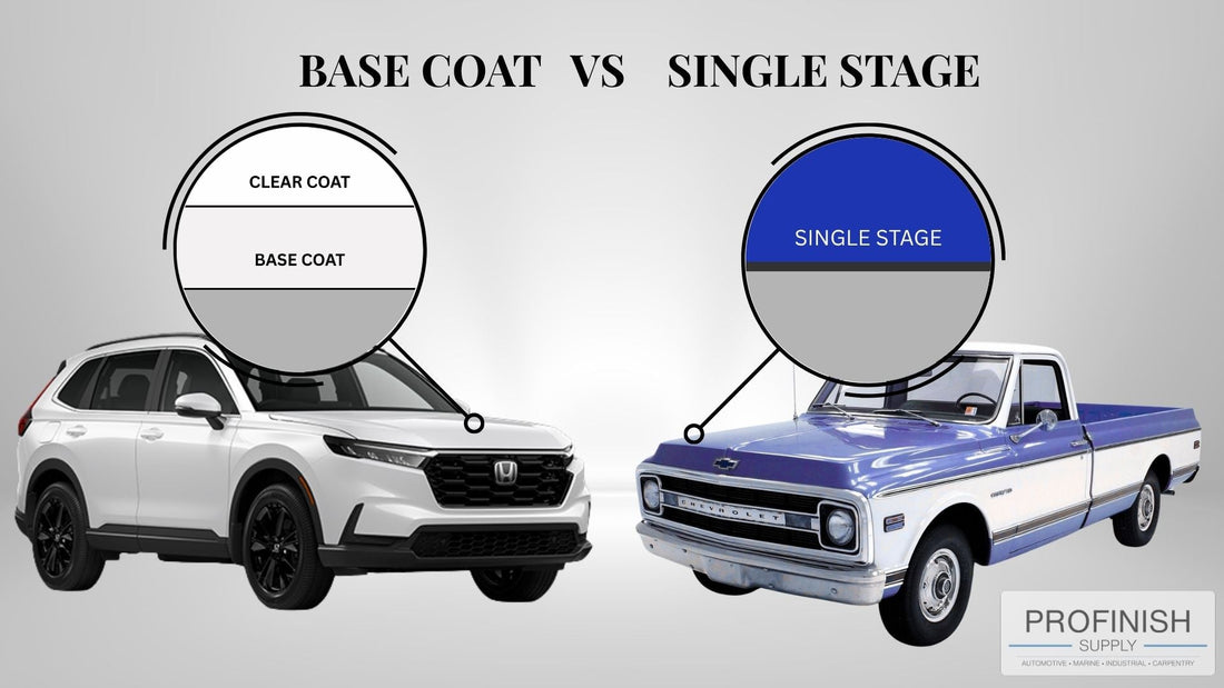 Comparison of base coat and single stage automotive paint systems, showing a white SUV with a two-layer base coat and clear coat finish, and a classic blue pickup with a single-stage paint finish, created by ProFinish Supply.