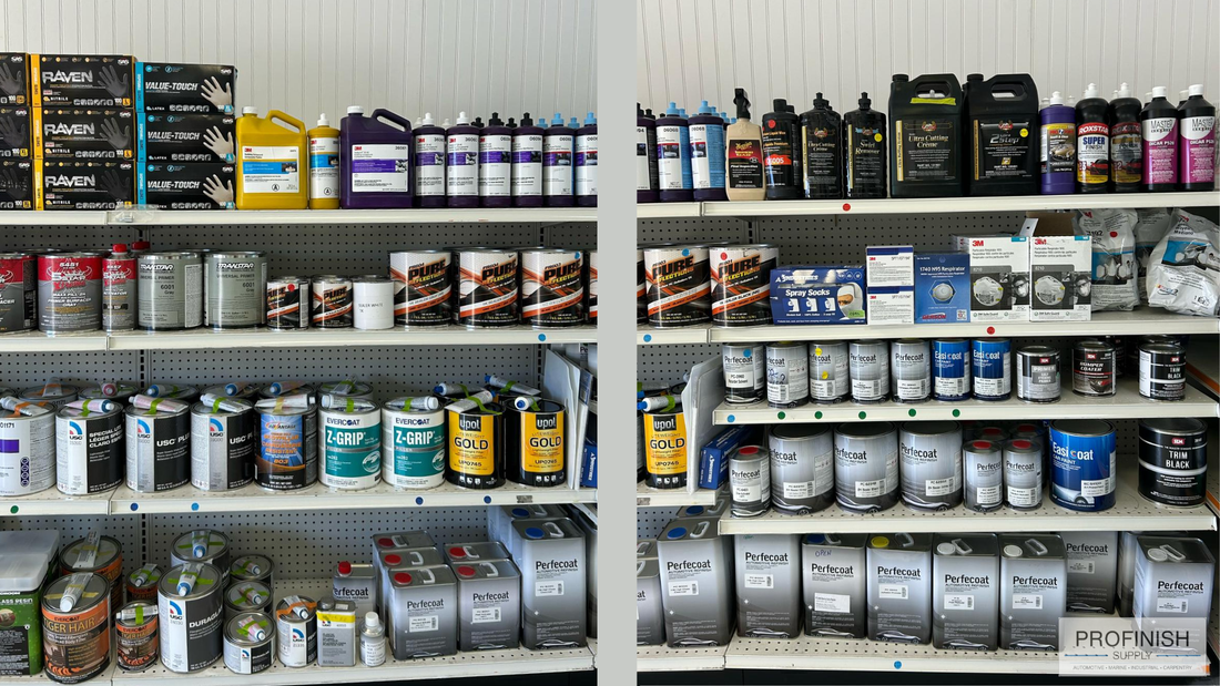Shelves stocked with automotive and industrial refinishing products including primers, fillers, hardeners, and surface prep materials from brands like Raven, U-POL, Evercoat, and Z-GRIP at ProFinish Supply in West Palm Beach