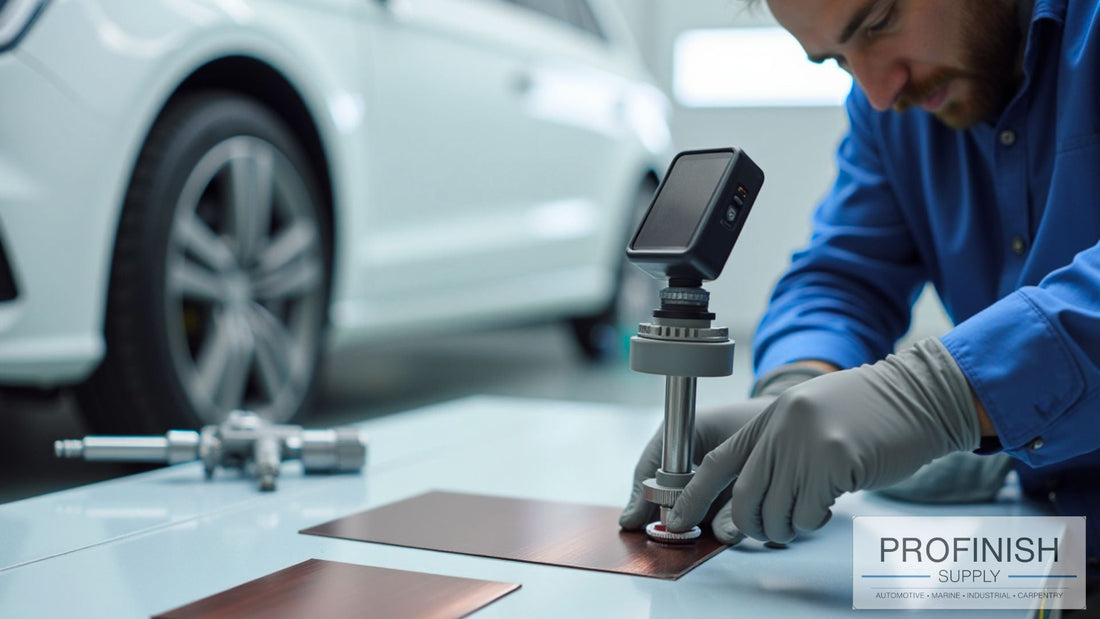 Custom automotive paint mixing and color matching with professional spray gun and spectrophotometer at ProFinish Supply West Palm Beach.