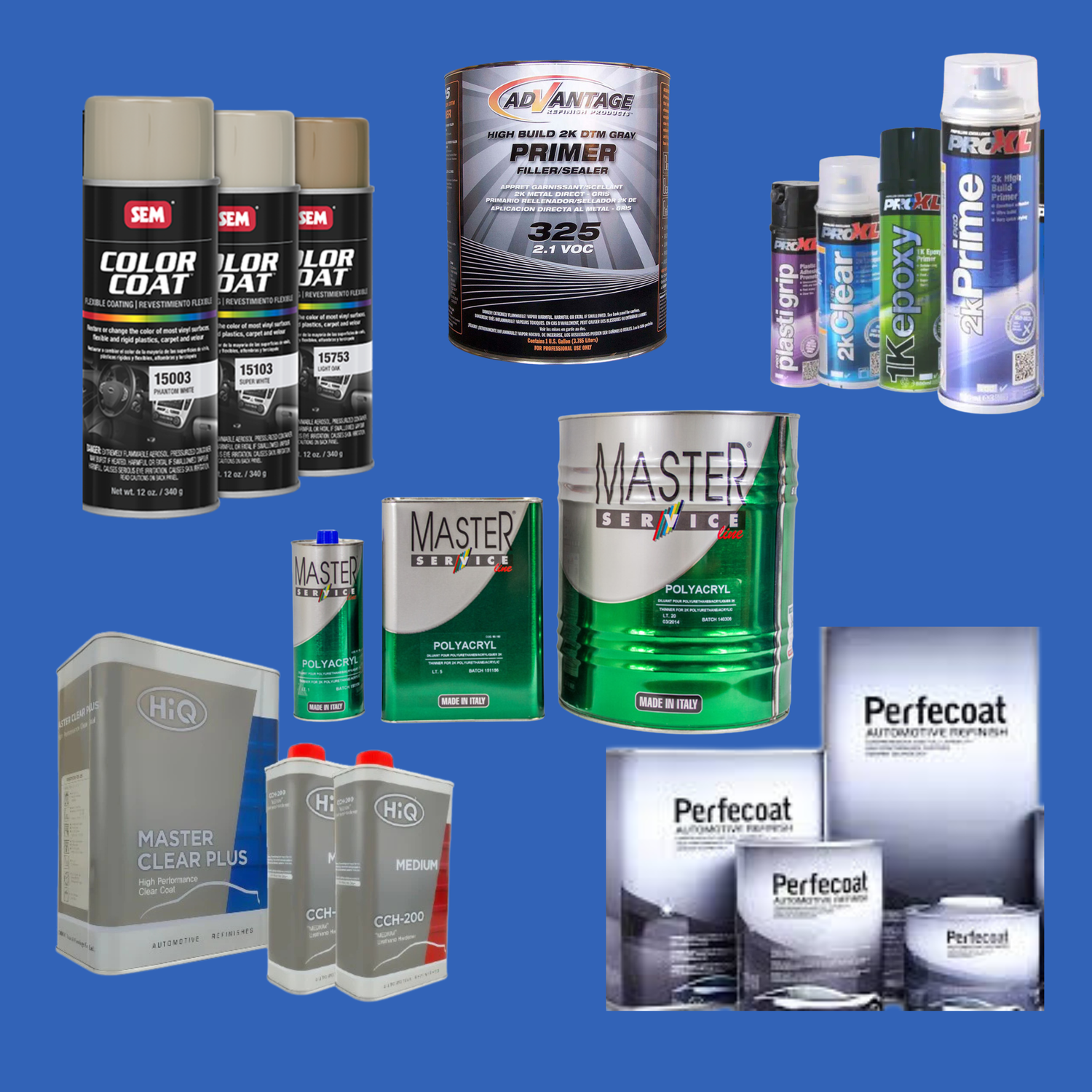 Collection of automotive refinishing products on display, including spray paints, primers, clear coats, and coatings from brands like SEM, Advantage, ProXL, Master Service, HiQ, and Perfecoat.