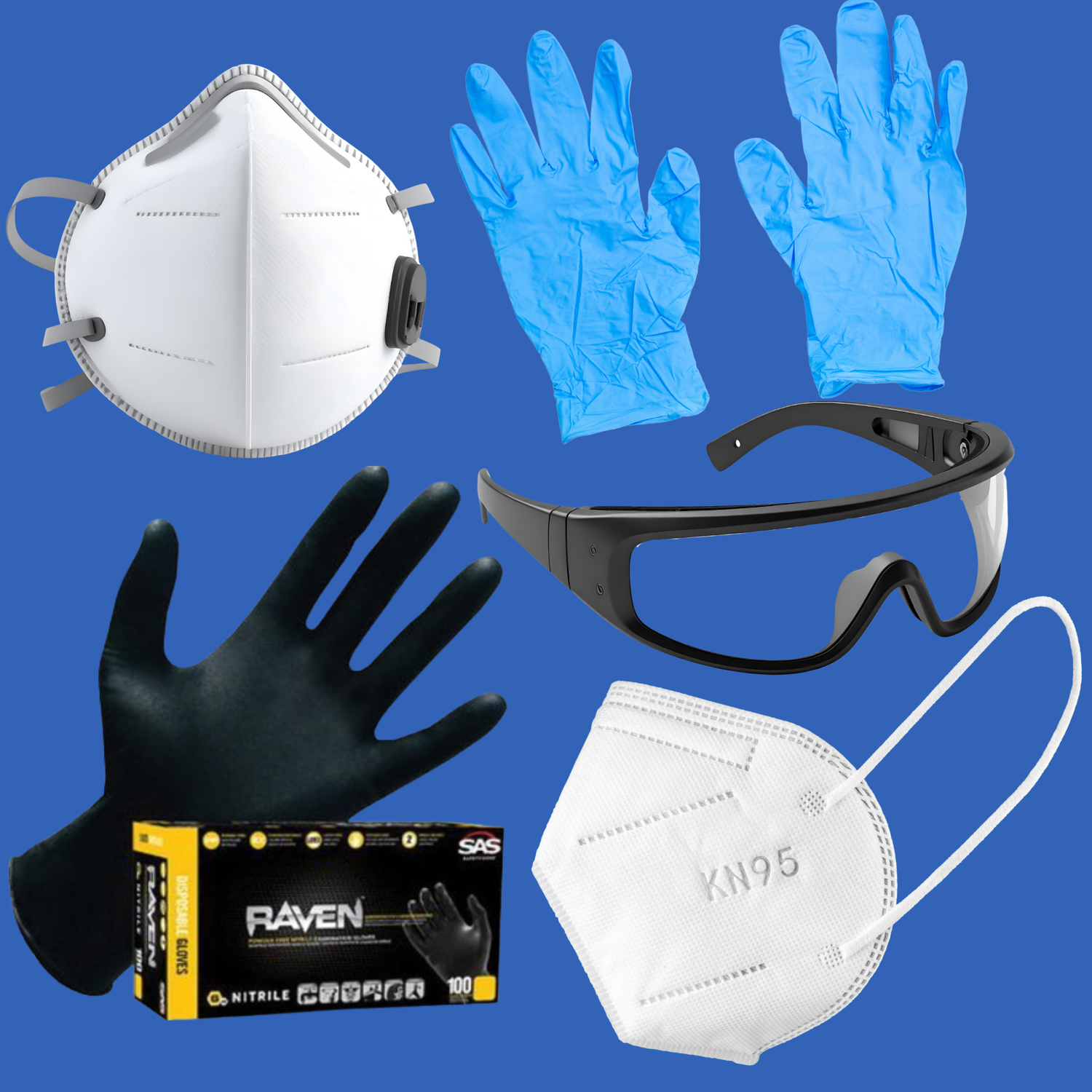 Flat lay of PPE on blue background: white respirator with valve, blue disposable gloves, black nitrile gloves in box, safety glasses with black frame, and white KN95 mask with printed label.