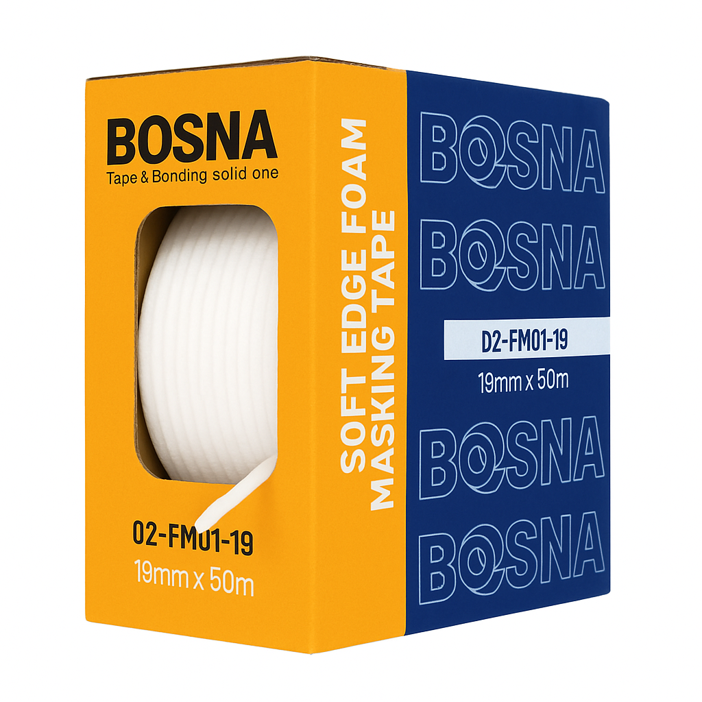 Bosna soft edge foam masking tape 19mm x 35m designed for auto and boat painting; high-temperature flexible edge masking tape for clean paint lines.