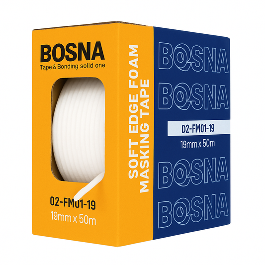 Bosna soft edge foam masking tape 19mm x 35m designed for auto and boat painting; high-temperature flexible edge masking tape for clean paint lines.