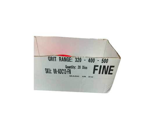 Box of 20 Bosna ADC13 FN 15-hole automotive foam sanding discs in fine grits 320, 400, and 500 for smooth surface preparation.