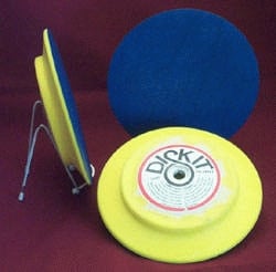 DICKIT sanding block disc holder with yellow backing and blue abrasive pad for automotive and refinishing use
