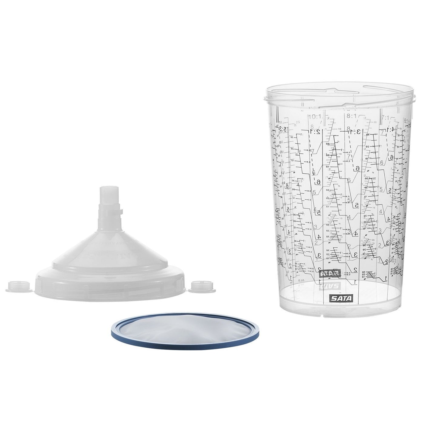  Transparent SATA mixing cup with measurement markings for paint ratios (2:1, 3:1, 4:1, 5:1), accompanied by a funnel-style lid and sealing cap. Designed for precise paint mixing in automotive refinishing.
Image 2 Alt Text: Four boxed sets of SATA RPS disposable cup systems featuring green cups with lids and filters. Packaging highlights “RPS – THE ORIGINAL” branding, intended for efficient paint preparation and spraying.
