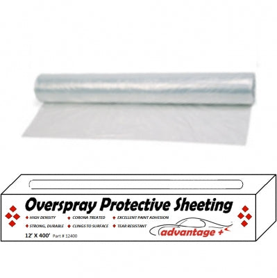 Roll of translucent cling plastic sheeting with labeled box – Advantage+ Overspray Protective Sheeting 12in x400 in
