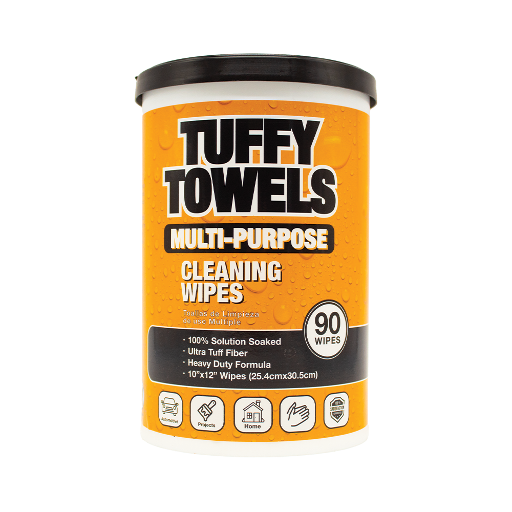 Tuffy Towels Multi-Purpose Cleaning Wipes (90 Wipes, 10" x 12"), heavy-duty, ultra-tuff fiber wipes designed for efficient removal of grease, oil, adhesives, and industrial contaminants, ensuring quick-drying and residue-free results.