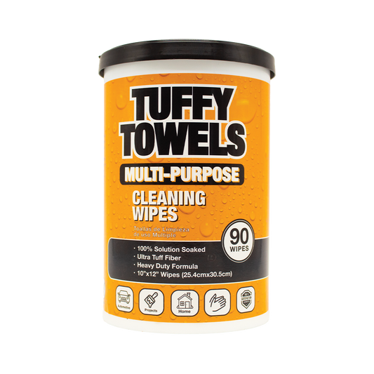 Tuffy Towels Multi-Purpose Cleaning Wipes (90 Wipes, 10" x 12"), heavy-duty, ultra-tuff fiber wipes designed for efficient removal of grease, oil, adhesives, and industrial contaminants, ensuring quick-drying and residue-free results.