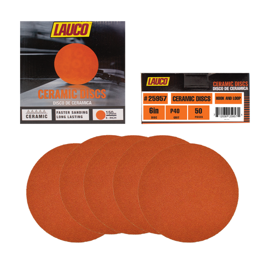 LAUCO 6-inch ceramic PSA sanding discs in 40 grit with five orange discs displayed, ideal for heavy-duty sanding of wood, metal, and painted surfaces in industrial and automotive applications.
