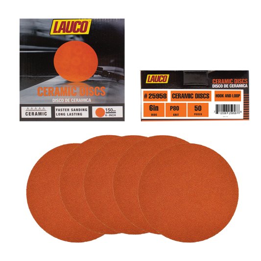 LAUCO 6-inch ceramic sanding disc with hook and loop backing for automotive and industrial surface preparation.