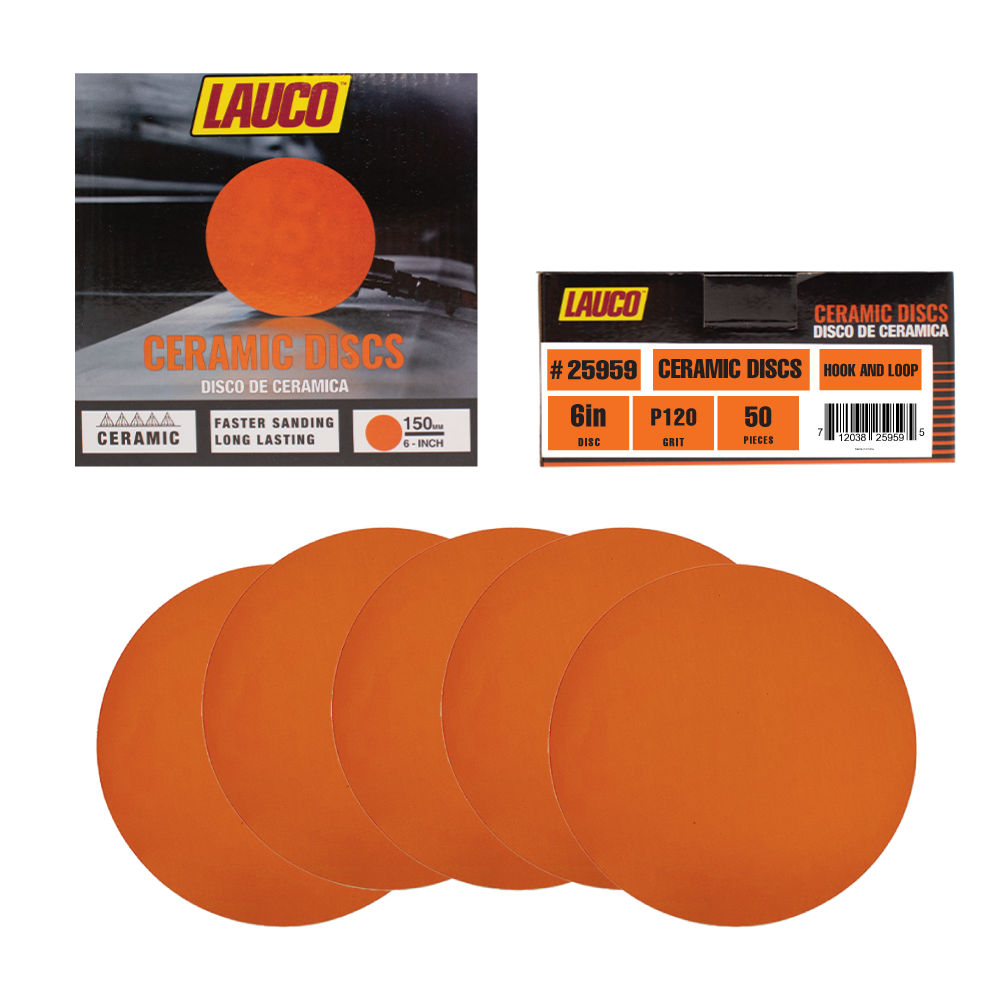 LAUCO 6-inch ceramic sanding disc with hook and loop backing for automotive and industrial surface preparation.