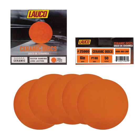 LAUCO 6-inch ceramic sanding disc with hook and loop backing for automotive and industrial surface preparation.