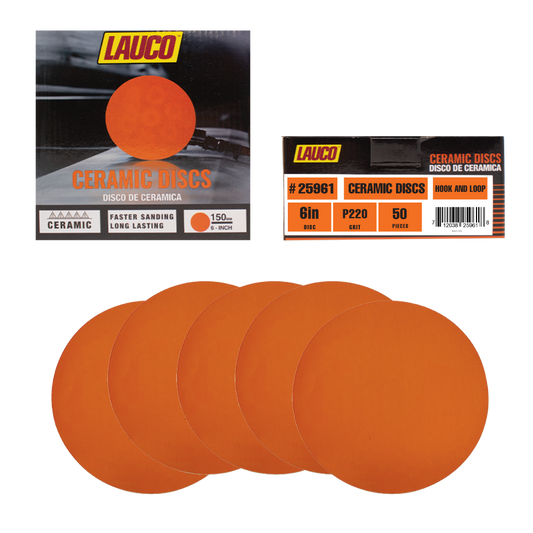 LAUCO 6-inch ceramic sanding disc with hook and loop backing for automotive and industrial surface preparation.