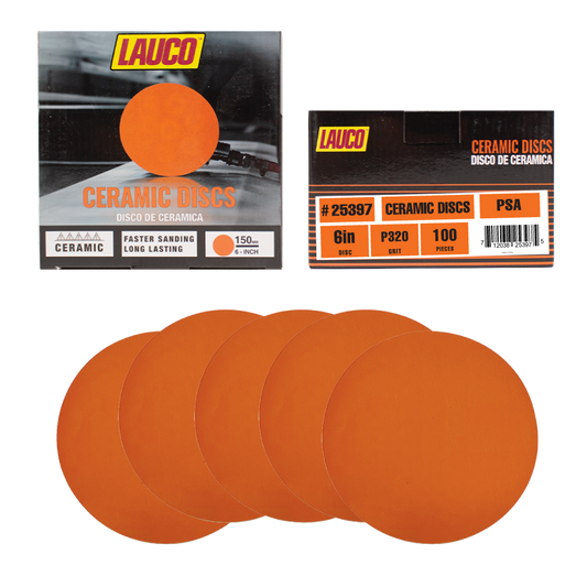 LAUCO 6-inch ceramic sanding disc with hook and loop backing for automotive and industrial surface preparation.