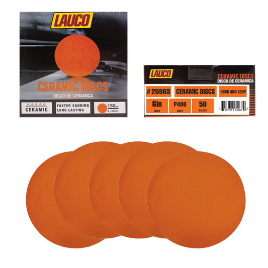 LAUCO 6-inch ceramic sanding disc with hook and loop backing for automotive and industrial surface preparation.