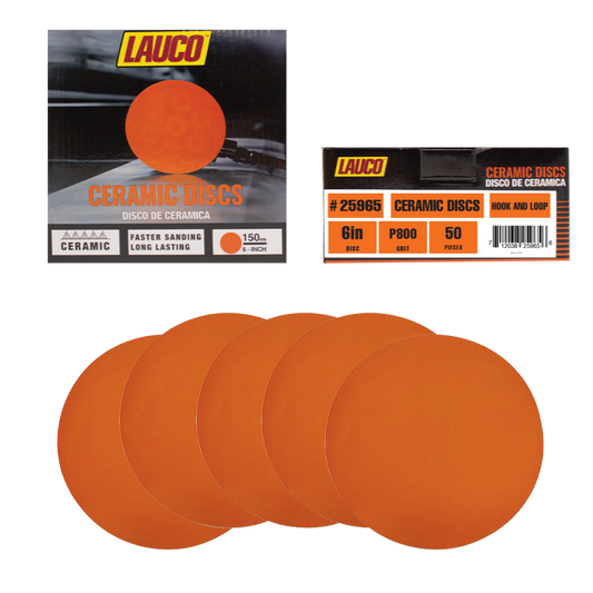 LAUCO 6-inch ceramic sanding disc with hook and loop backing for automotive and industrial surface preparation.