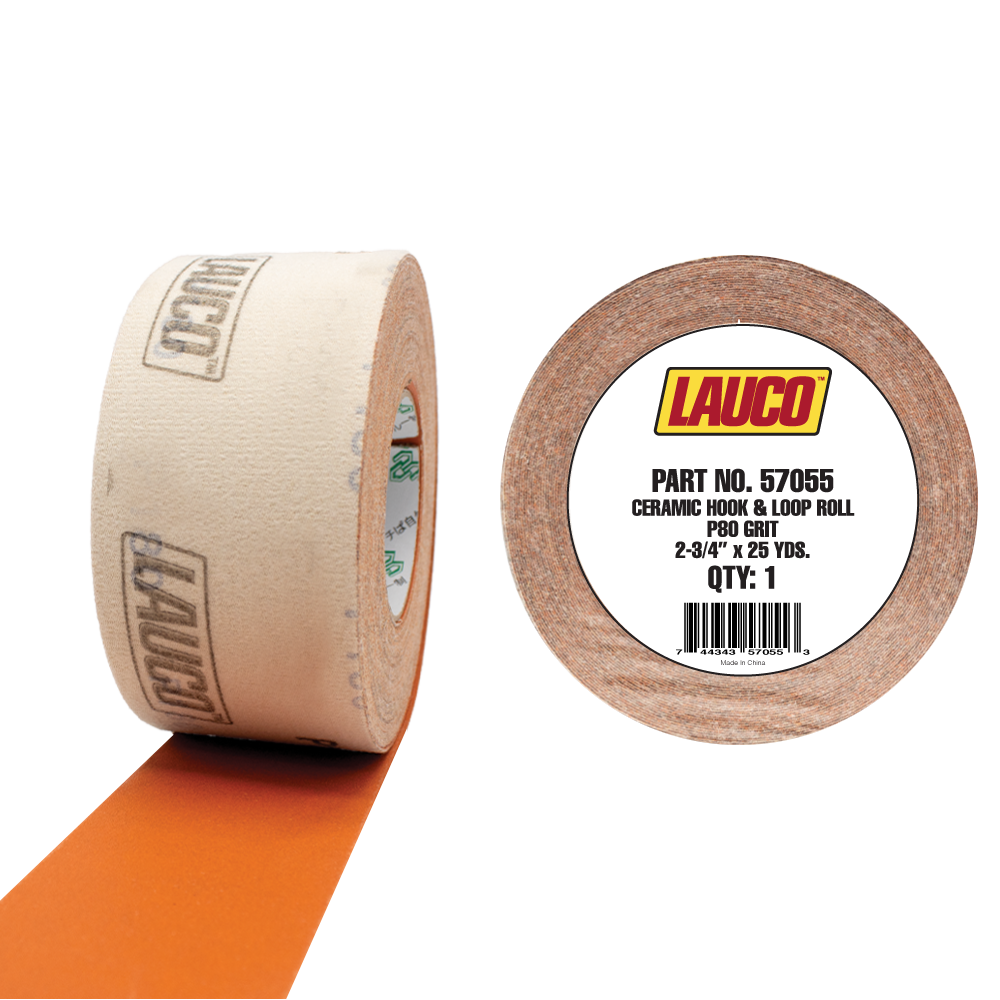 Roll of LAUCO ceramic hook and loop sanding material, 2.75 inches by 25 yards, in 80 grit for heavy-duty surface removal