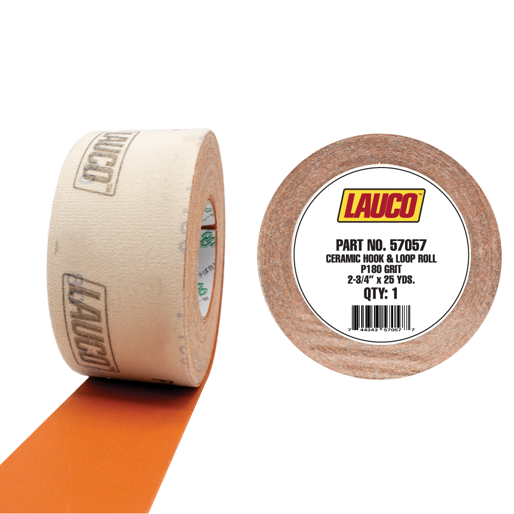 Fine grit LAUCO 180 ceramic sanding roll with hook and loop backing, 2.75 inches wide and 25 yards long