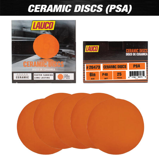 LAUCO 6-inch ceramic PSA sanding discs in 40 grit with five orange discs displayed, ideal for heavy-duty sanding of wood, metal, and painted surfaces in industrial and automotive applications.