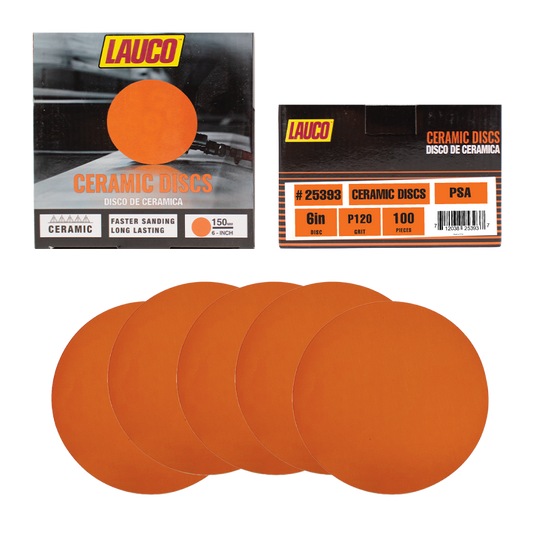 LAUCO 6-inch ceramic sanding disc with hook and loop backing for automotive and industrial surface preparation.