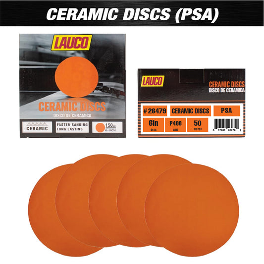 Single LAUCO 6-inch ceramic PSA disc with P400 grit designed for ultra-smooth final finishing in wood and auto refinishing