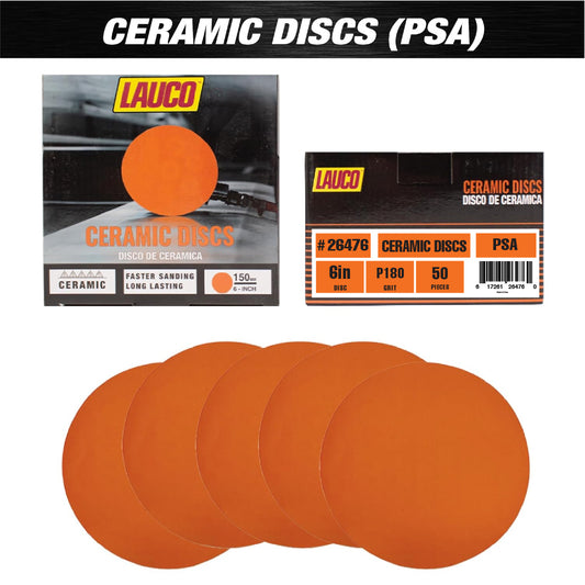 Each orange LAUCO 6-inch ceramic PSA sanding discs, 40 grit, displayed with packaging and individual discs.