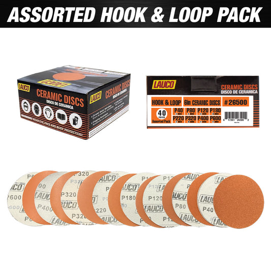 Box of 40 LAUCO 6-inch ceramic hook and loop sanding discs in assorted grits from 40 to 600 for multi-purpose surface work