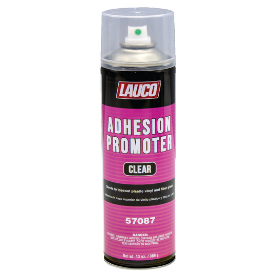 13 oz aerosol can of Lauco Adhesion Promoter Clear with black and pink label, designed to improve paint adhesion on plastic, vinyl, and fiberglass surfaces