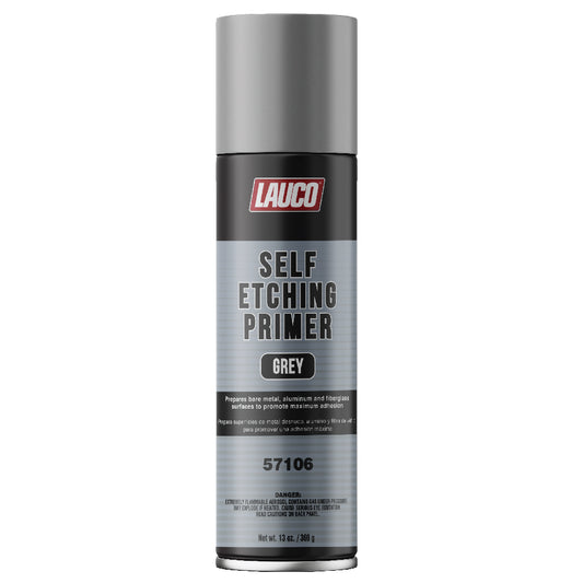 13 oz aerosol can of Lauco Self Etching Primer in grey, designed for use on bare metal, aluminum, and fiberglass surfaces to enhance paint adhesion and prevent corrosion