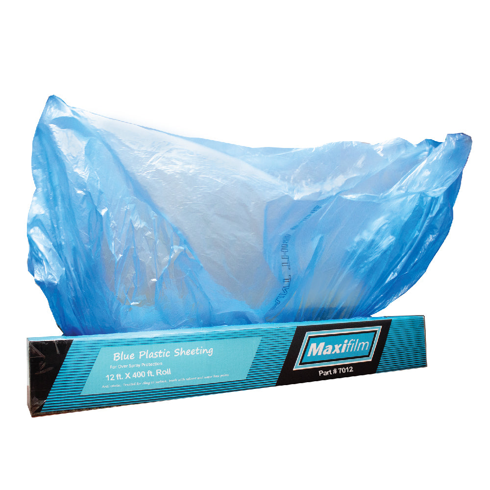 MFB7012 Maxifilm Blue Masking Film – 12ft x 400ft boxed roll, corona-treated plastic sheeting for automotive overspray protection.