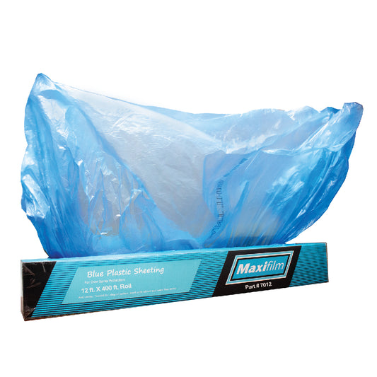 MFB7012 Maxifilm Blue Masking Film – 12ft x 400ft boxed roll, corona-treated plastic sheeting for automotive overspray protection.