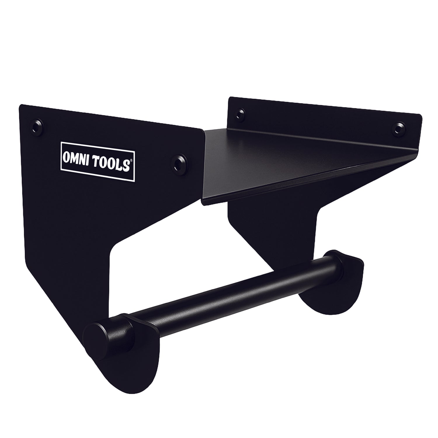 OMNI TOOLS black metal wall-mounted shelf with integrated rod and upper slotted tray, designed for workshop tool organization.